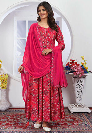 Bandhej Printed Rayon A Line Suit in Red