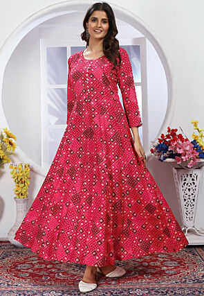 Bandhej Printed Rayon A Line Suit in Red