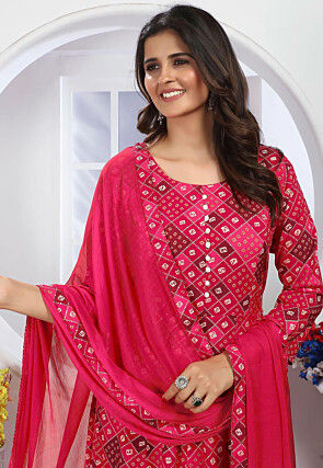Bandhej Printed Rayon A Line Suit in Red