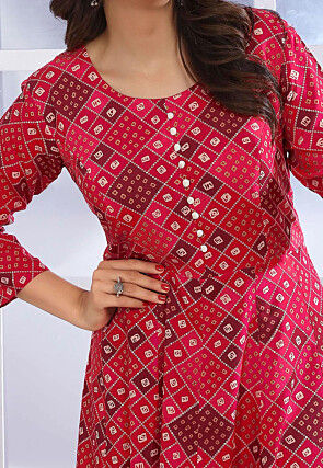 Bandhej Printed Rayon A Line Suit in Red