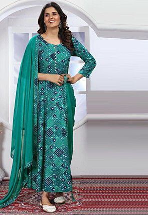 Bandhej Printed Rayon A Line Suit in Teal Green