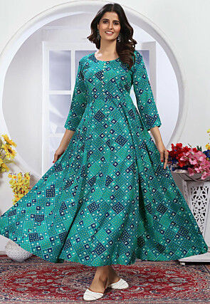 Bandhej Printed Rayon A Line Suit in Teal Green