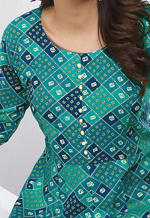 Bandhej Printed Rayon A Line Suit in Teal Green