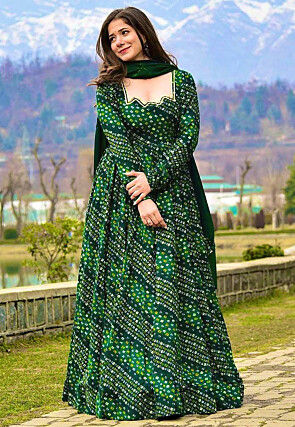 Bandhej Printed Rayon Abaya Style Suit in Green