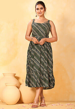 Bandhej Printed Rayon Aline Dress in Multicolor