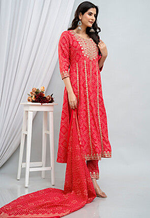 Bandhej Printed Rayon Anarkali Suit in Fuchsia