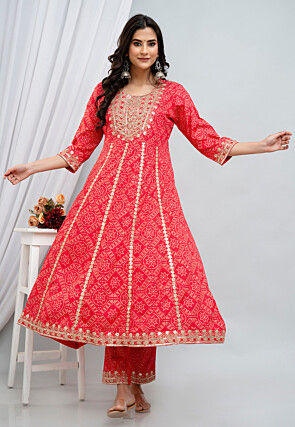 Bandhej Printed Rayon Anarkali Suit in Fuchsia