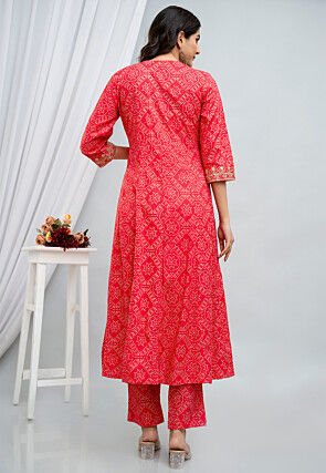Bandhej Printed Rayon Anarkali Suit in Fuchsia