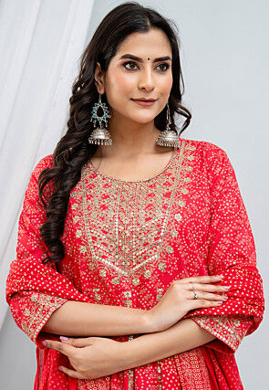 Bandhej Printed Rayon Anarkali Suit in Fuchsia