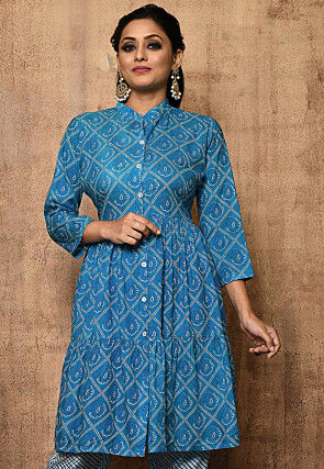 Bandhej Printed Rayon Front Open Tiered Kurta in Turquoise