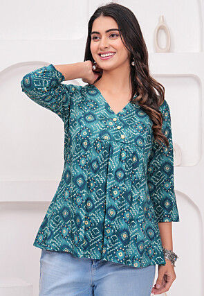 Bandhej Printed Rayon Kurti in Teal Blue