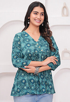 Bandhej Printed Rayon Kurti in Teal Blue