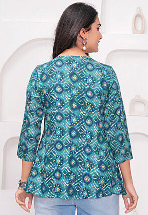 Bandhej Printed Rayon Kurti in Teal Blue