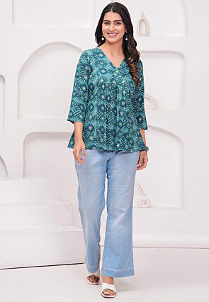 Bandhej Printed Rayon Kurti in Teal Blue