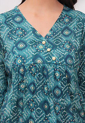 Bandhej Printed Rayon Kurti in Teal Blue