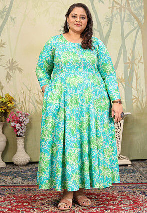 Bandhej Printed Rayon Maxi Dress in Turquoise