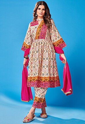 Bandhej Printed Rayon Pakistani Suit in Beige