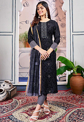 Bandhej Printed Rayon Pakistani Suit in Black