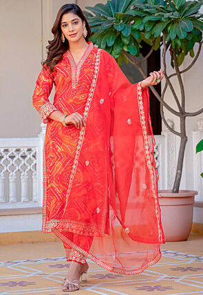 Bandhej Printed Rayon Pakistani Suit in Red