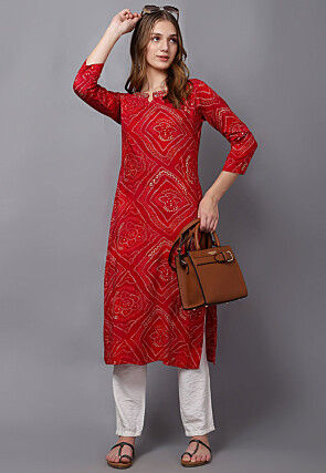 Bandhej Printed Rayon Straight Kurta in Red