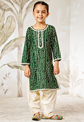 Bandhej Printed Rayon Straight Kurta Set in Dark Green