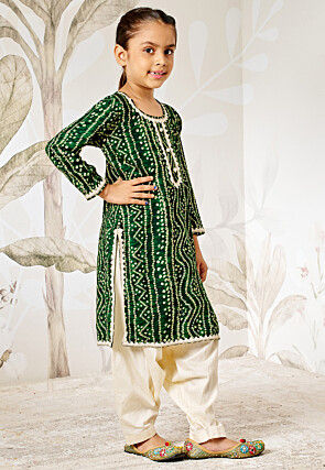 Bandhej Printed Rayon Straight Kurta Set in Dark Green