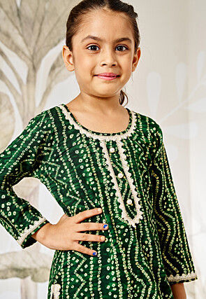 Bandhej Printed Rayon Straight Kurta Set in Dark Green