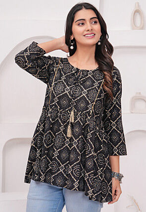 Bandhej Printed Rayon Tunic in Black