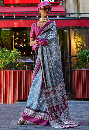 Bandhej Printed Satin Crepe Saree in Dusty Blue