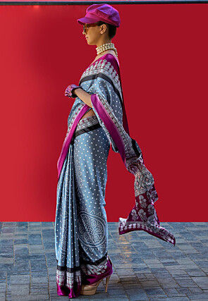 Bandhej Printed Satin Crepe Saree in Dusty Blue