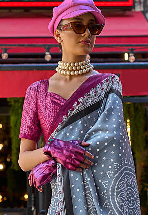 Bandhej Printed Satin Crepe Saree in Dusty Blue