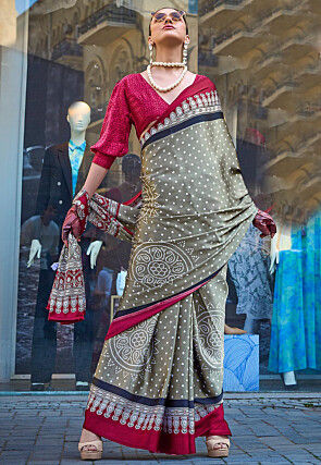 Bandhej Printed Satin Crepe Saree in Grey