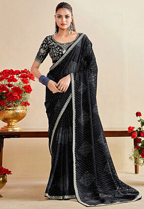 Bandhej Printed Satin Georgette Saree in Black