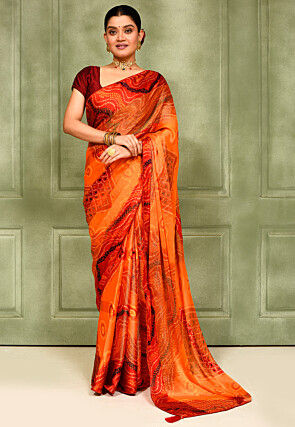 Bandhej Printed Satin Georgette Saree in Orange