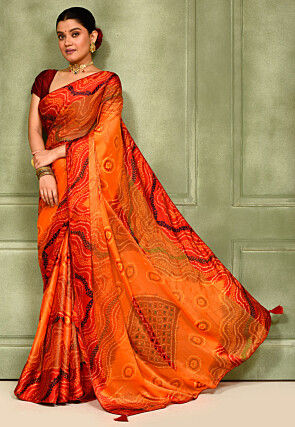 Bandhej Printed Satin Georgette Saree in Orange