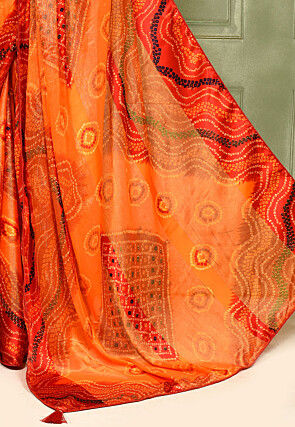 Bandhej Printed Satin Georgette Saree in Orange