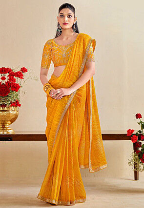 Bandhej Printed Satin Georgette Saree in Yellow