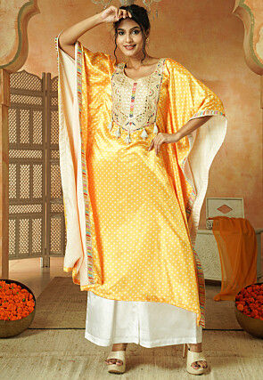 Bandhej Printed Satin Kaftan Kurta Set in Yellow