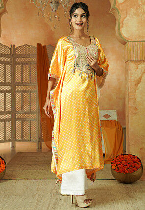 Bandhej Printed Satin Kaftan Kurta Set in Yellow