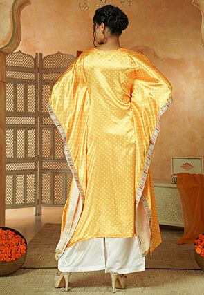 Bandhej Printed Satin Kaftan Kurta Set in Yellow