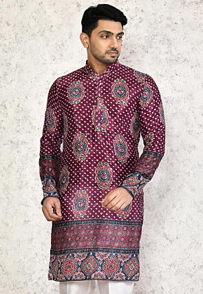 Bandhej Printed Satin Kurta in Wine