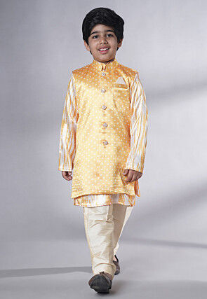 Bandhej Printed Satin Kurta Set in Cream