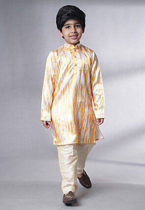 Bandhej Printed Satin Kurta Set in Cream