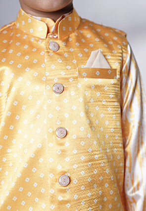 Bandhej Printed Satin Kurta Set in Cream