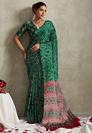 Bandhej Printed Satin Saree in Dark Green