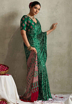 Bandhej Printed Satin Saree in Dark Green