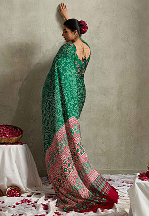 Bandhej Printed Satin Saree in Dark Green