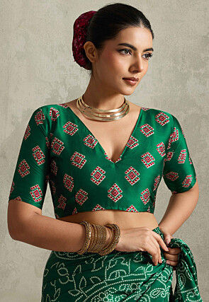 Bandhej Printed Satin Saree in Dark Green