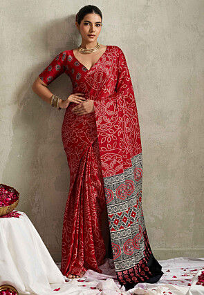 Bandhej Printed Satin Saree in Red
