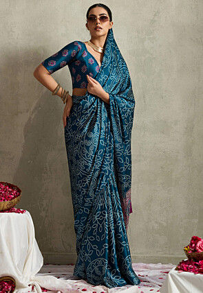 Bandhej Printed Satin Saree in Teal Blue